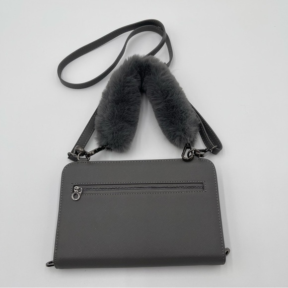 Calpak Faux Leather RFID Travel Wallet Gray Crossbody Shoulder Bag Fur Strap - Picture 10 of 14